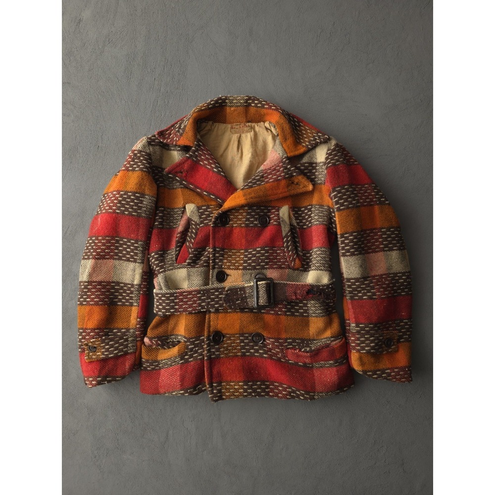 Vintage 1940s‎ Snow King Double-Breasted Mackinaw Jacket Orange Plaid Youth M